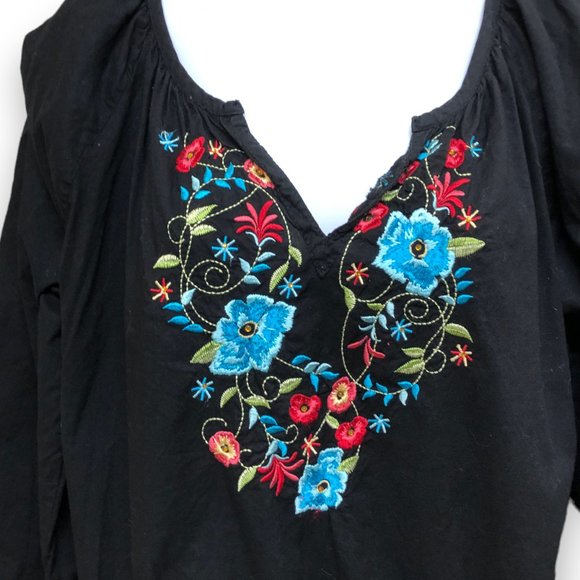 Plus Size Panhandle Slim Black Embroidered Blouse Gypsy Boho Long Sleeve Size 2X - Picture 2 of 5